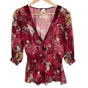 Wet Seal Y2K Babydoll Top Womens M Japanese Floral Sheer Chiffon Boho Ruffled